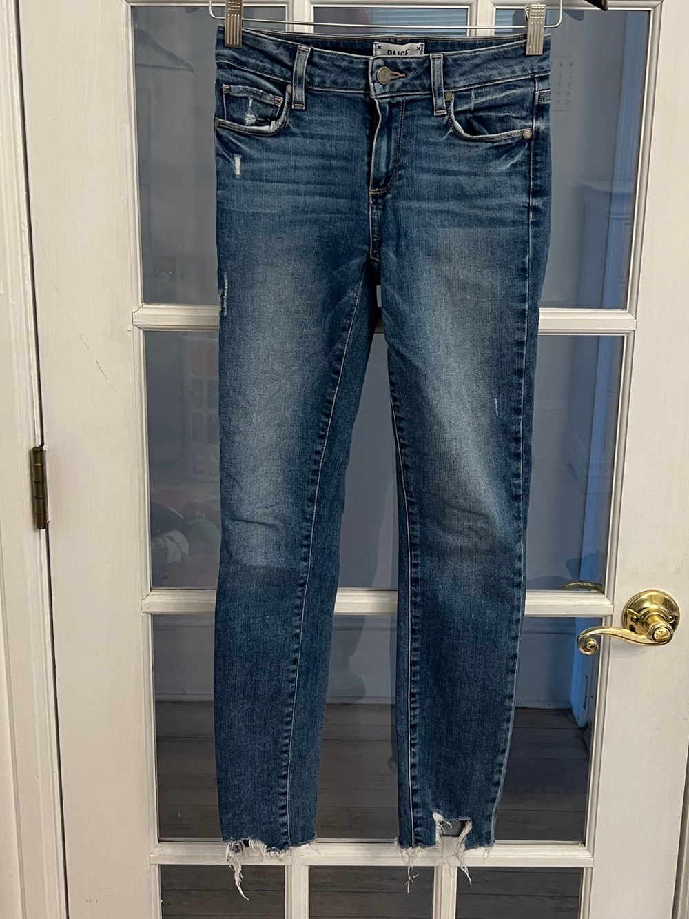 PAIGE Women’s Medium Wash Distressed Raw Hem Skinny Ankle Jeans Size 24